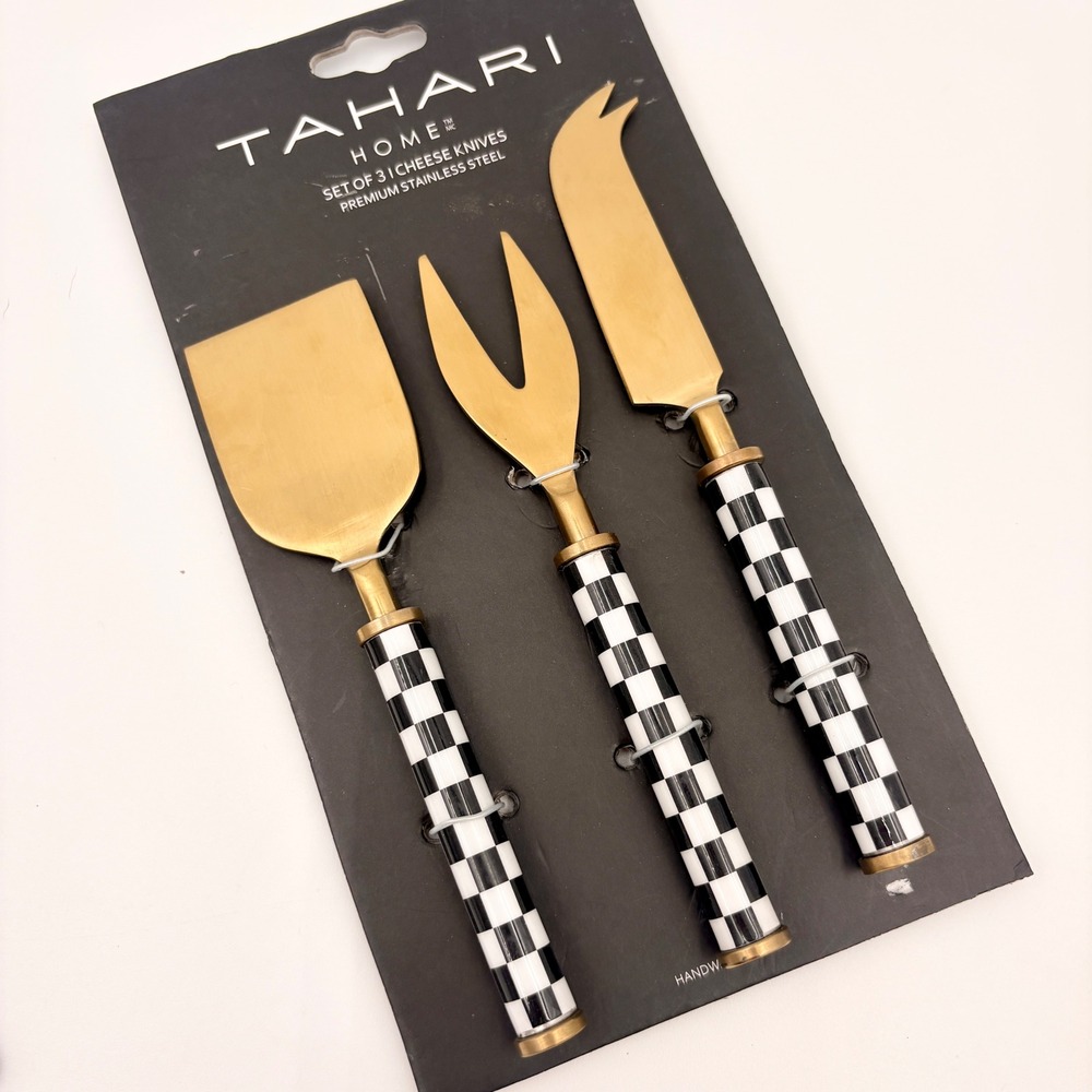 Tahari Home Set of 3 Cheese Knives Gold Stainless Steel Black White Checkered